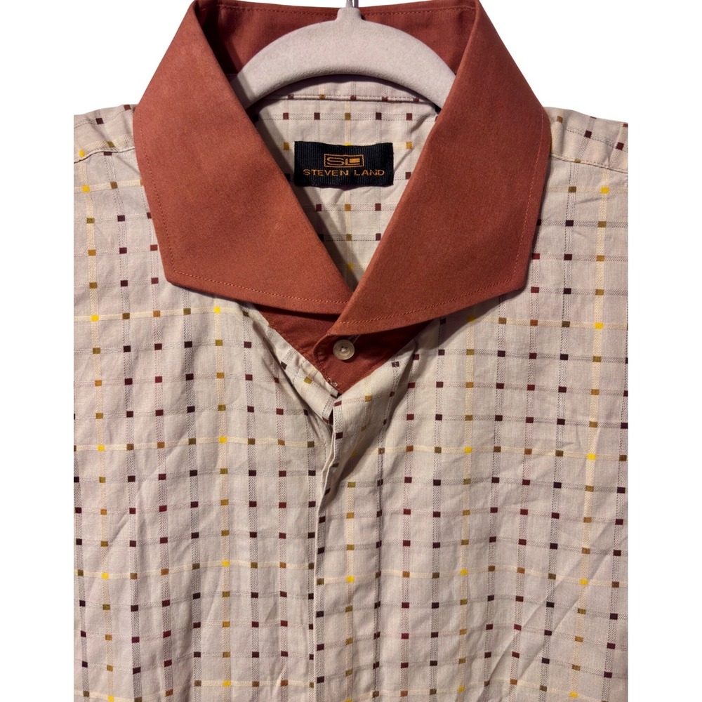 Steven Land Button Down Shirt Mens 19 Tan Rust Excellent Geometric‎ Short Sleeve